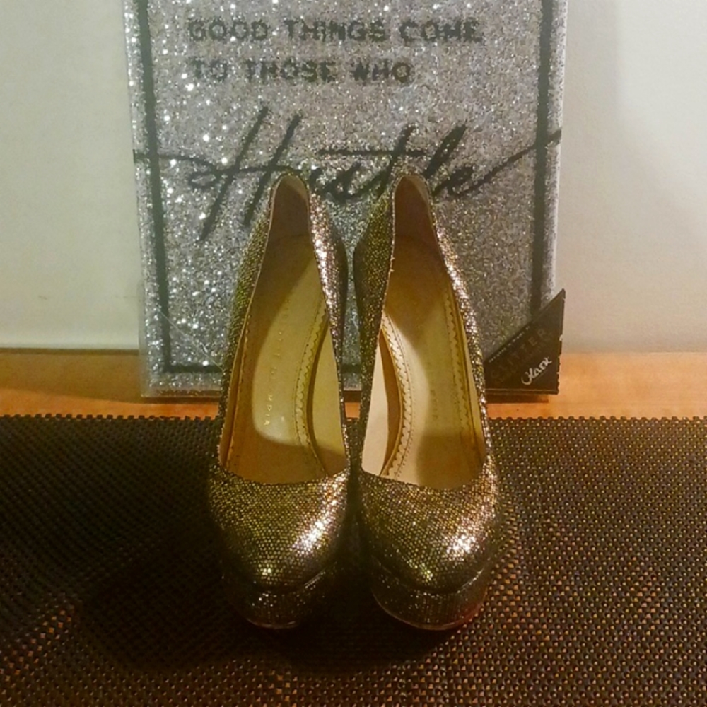 Charlotte Olympia Gold Sparkle  Priscilla  Platform Stilettos Glitter Leather